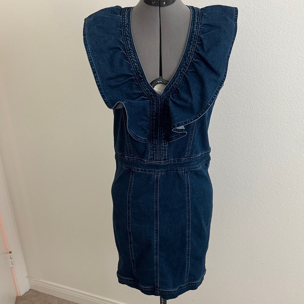 Denim Ruffle V-Neck Dress - Picture 2 of 2